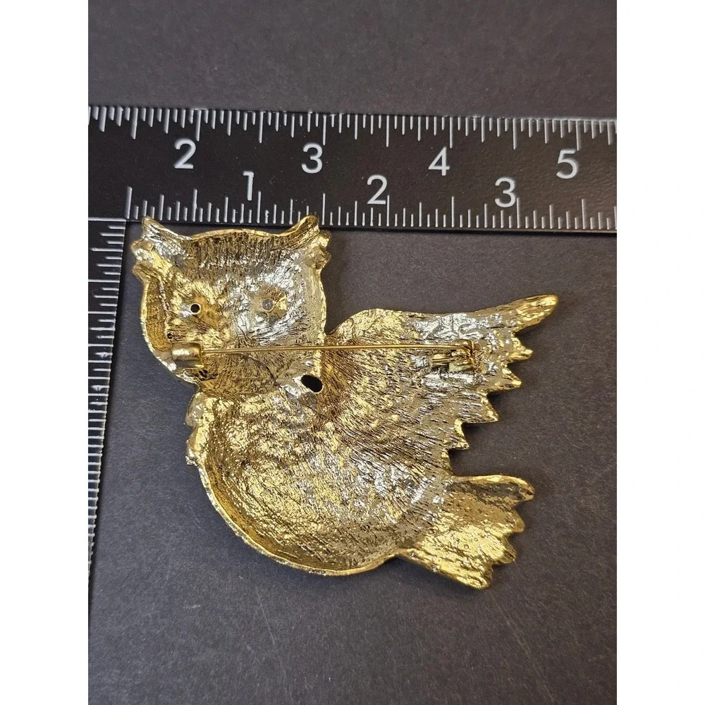 LARGE Vintage‎ Style Owl Brooch Multicolor Rhinestone Gold Whimsical Cottagecore